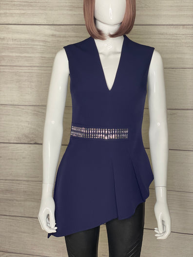 Women's Blue Asymmetric Crystal-embellished Stretch-crepe Top